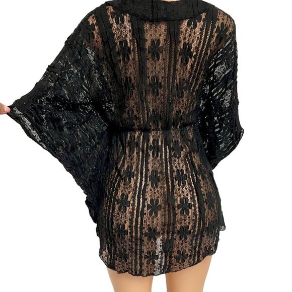 Solitaire Women's Black Sheath Blouse Knit V Neck Butterfly Sleeves Stretch - Picture 5 of 10